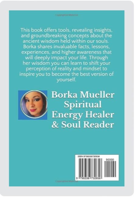 Book cover featuring an author's portrait and text about spiritual healing and soul reading by Borka Mueller.